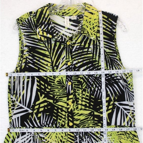 Tacera A-Line Button Down Dress Sleeveless Leaf Print Yellow Black - Picture 4 of 13